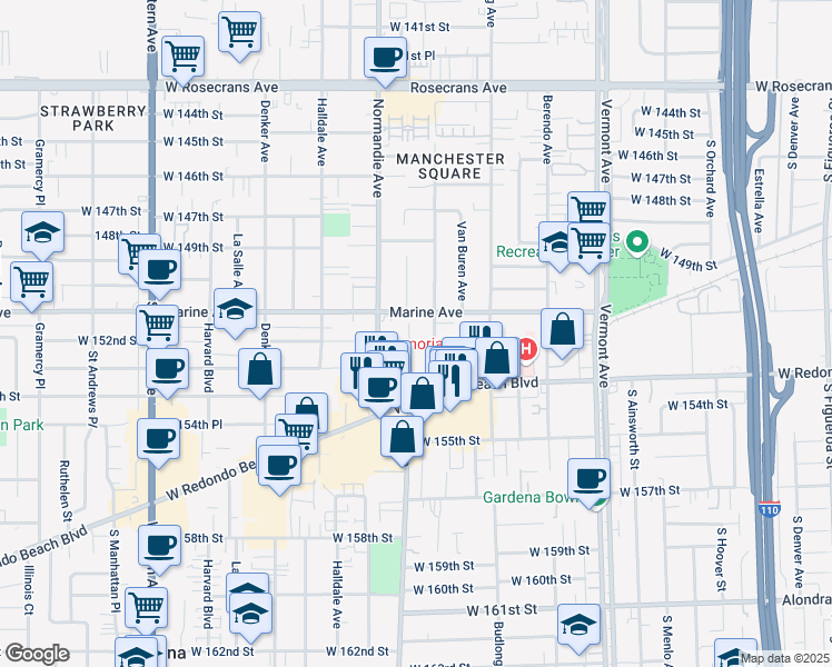 map of restaurants, bars, coffee shops, grocery stores, and more near 15125 South Raymond Avenue in Gardena