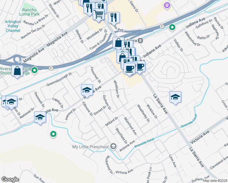 map of restaurants, bars, coffee shops, grocery stores, and more near 11300 Churchill Drive in Riverside