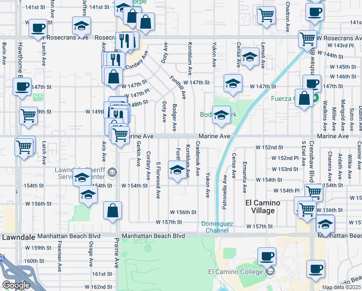 map of restaurants, bars, coffee shops, grocery stores, and more near 15116 Fonthill Avenue in Lawndale
