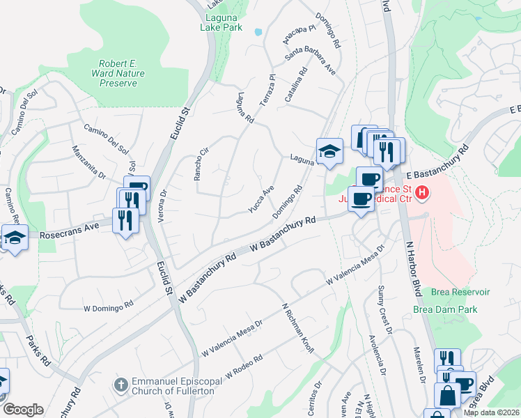map of restaurants, bars, coffee shops, grocery stores, and more near 2120 Yucca Avenue in Fullerton