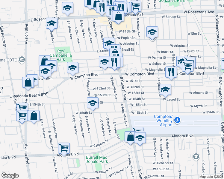 map of restaurants, bars, coffee shops, grocery stores, and more near 2106 West 152nd Street in Compton