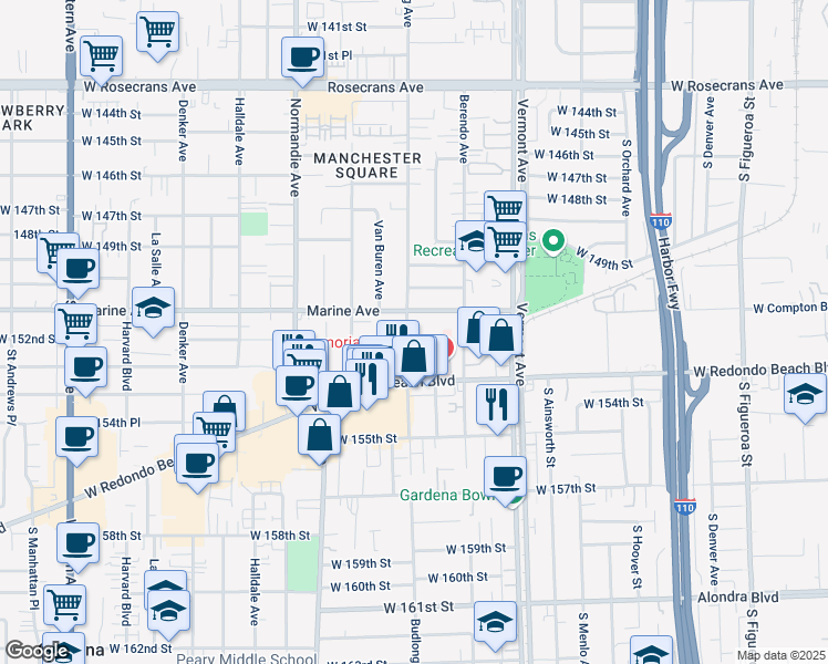 map of restaurants, bars, coffee shops, grocery stores, and more near 15122 Budlong Avenue in Gardena
