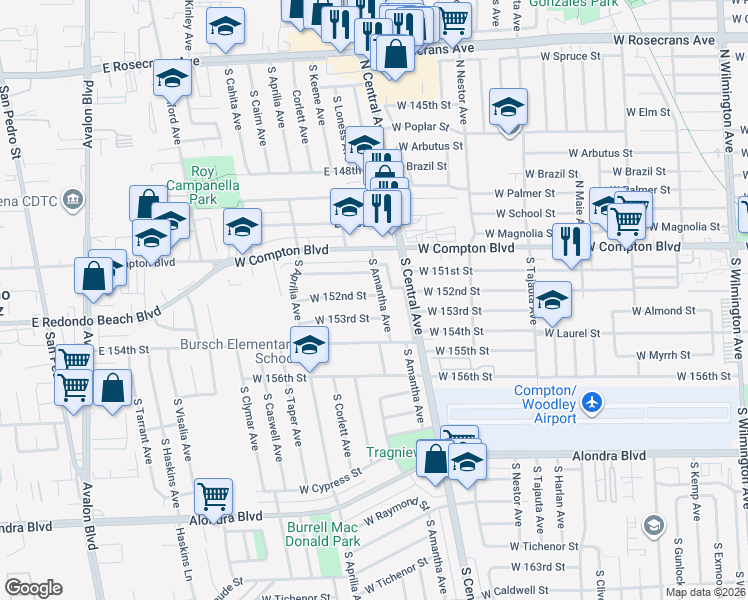 map of restaurants, bars, coffee shops, grocery stores, and more near 2106 West 152nd Street in Compton