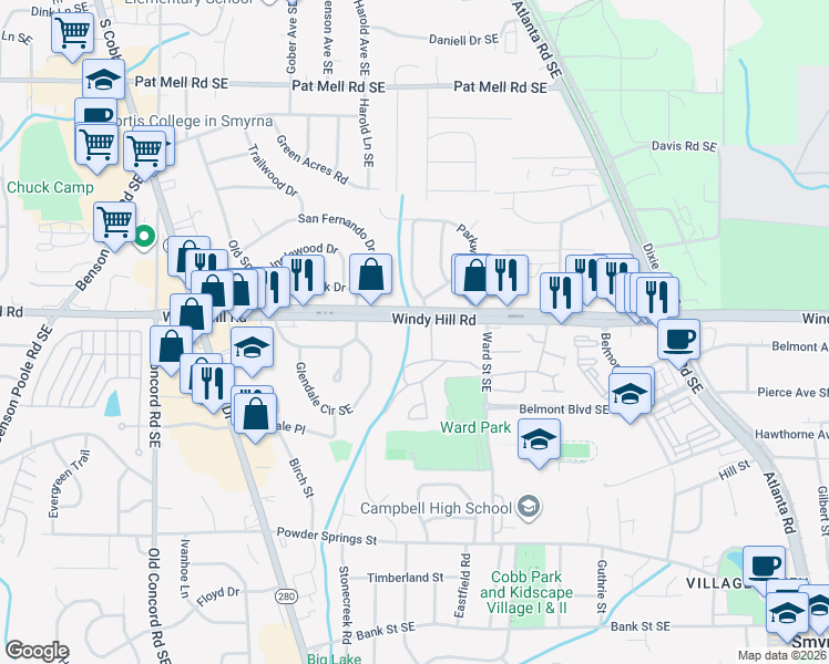 map of restaurants, bars, coffee shops, grocery stores, and more near 790 Windy Hill Road Southeast in Smyrna