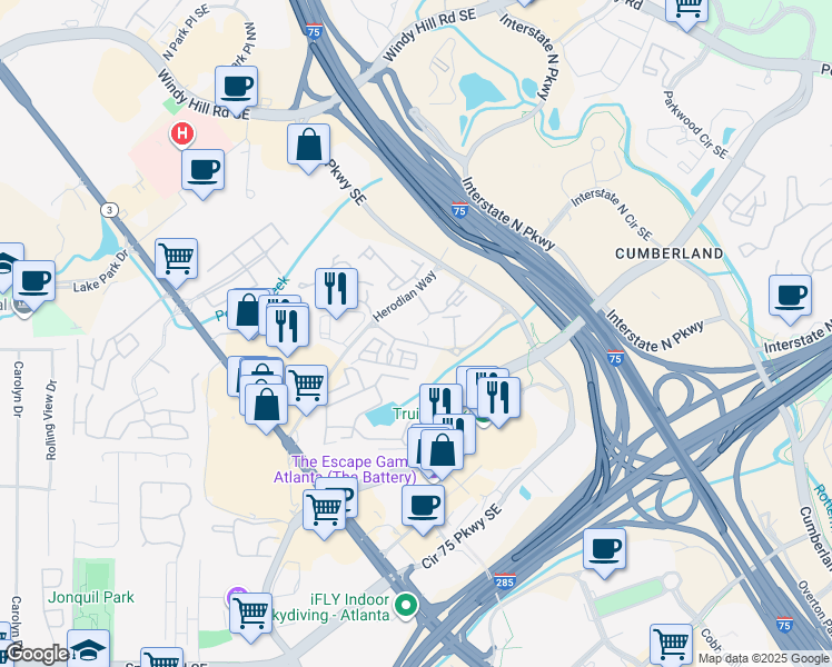 map of restaurants, bars, coffee shops, grocery stores, and more near 2855 Crescent Parkway in Atlanta