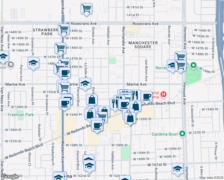 map of restaurants, bars, coffee shops, grocery stores, and more near 1441 West 152nd Street in Gardena