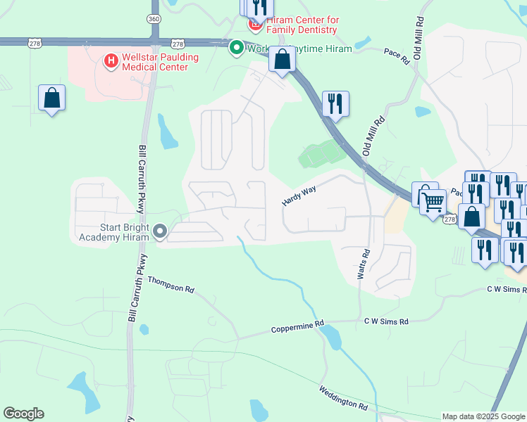 map of restaurants, bars, coffee shops, grocery stores, and more near 484 Greystone Parkway in Hiram