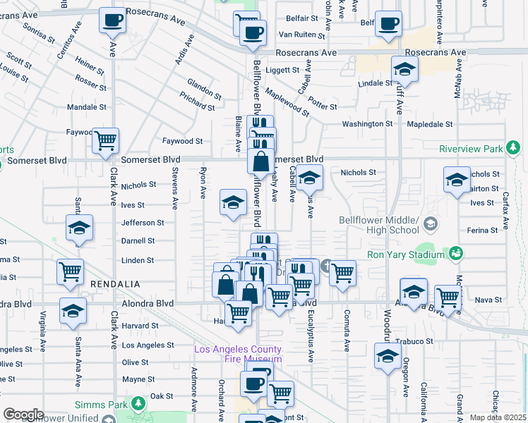 map of restaurants, bars, coffee shops, grocery stores, and more near 15332 Bellflower Boulevard in Bellflower
