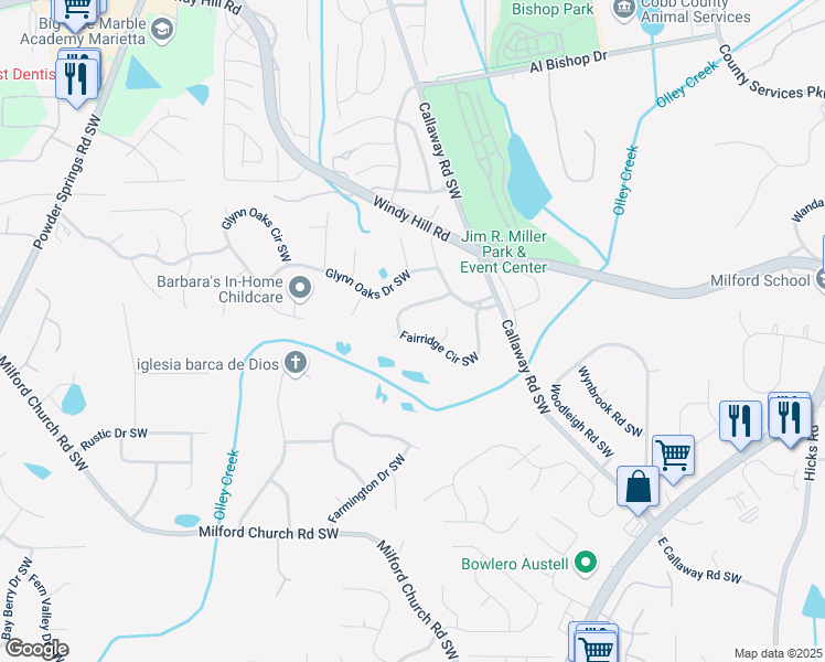 map of restaurants, bars, coffee shops, grocery stores, and more near 1296 Fairridge Circle Southwest in Marietta
