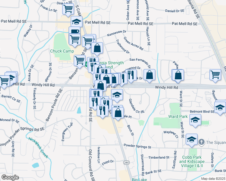 map of restaurants, bars, coffee shops, grocery stores, and more near 2423 Ventura Place in Smyrna