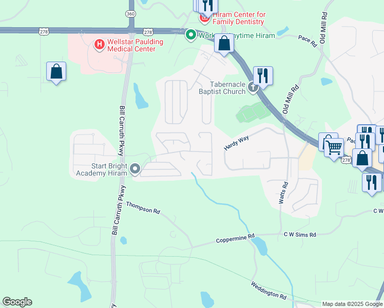 map of restaurants, bars, coffee shops, grocery stores, and more near 394 Greystone Parkway in Hiram