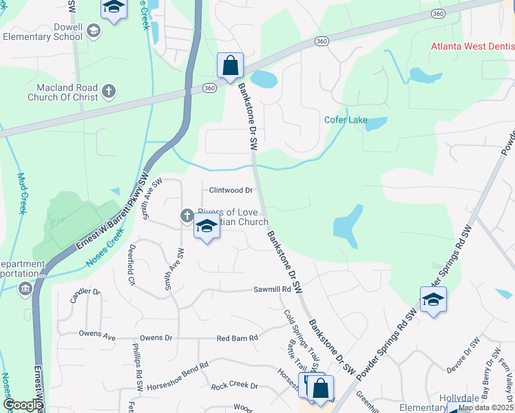 map of restaurants, bars, coffee shops, grocery stores, and more near 2410 Bankstone Drive Southwest in Marietta