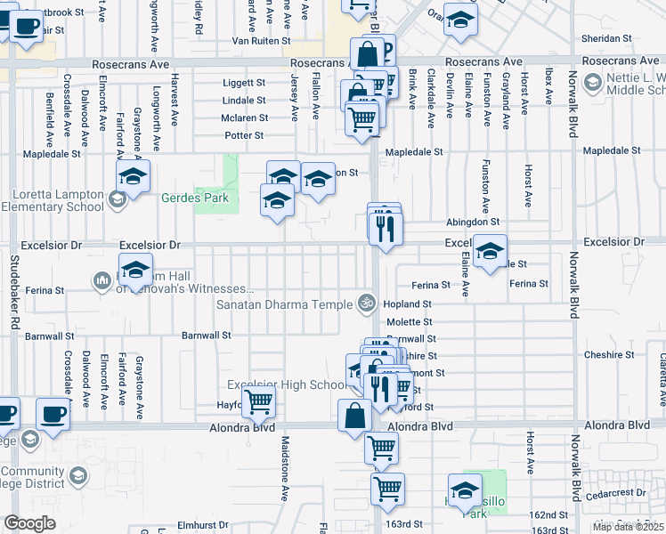 map of restaurants, bars, coffee shops, grocery stores, and more near 15029 Alburtis Avenue in Norwalk