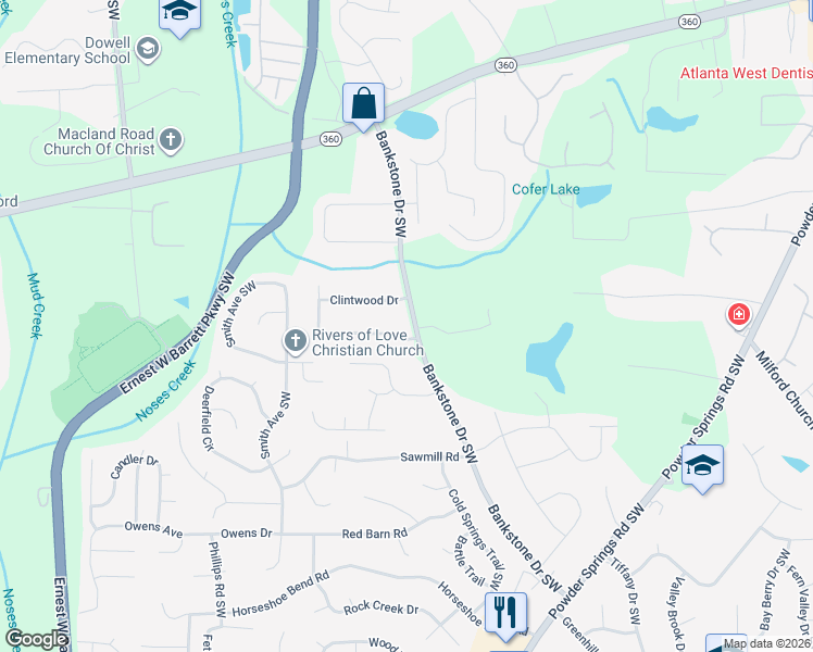 map of restaurants, bars, coffee shops, grocery stores, and more near 2410 Bankstone Drive Southwest in Marietta