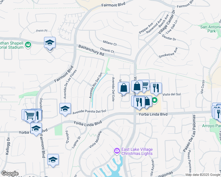 map of restaurants, bars, coffee shops, grocery stores, and more near 4510 Via Bella Vista in Yorba Linda