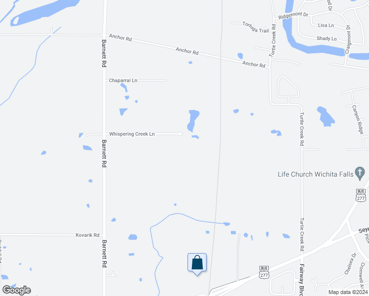 map of restaurants, bars, coffee shops, grocery stores, and more near 5101 Whispering Creek Lane in Wichita Falls