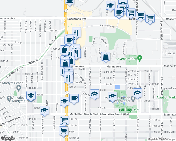 map of restaurants, bars, coffee shops, grocery stores, and more near 1228 23rd Street in Manhattan Beach