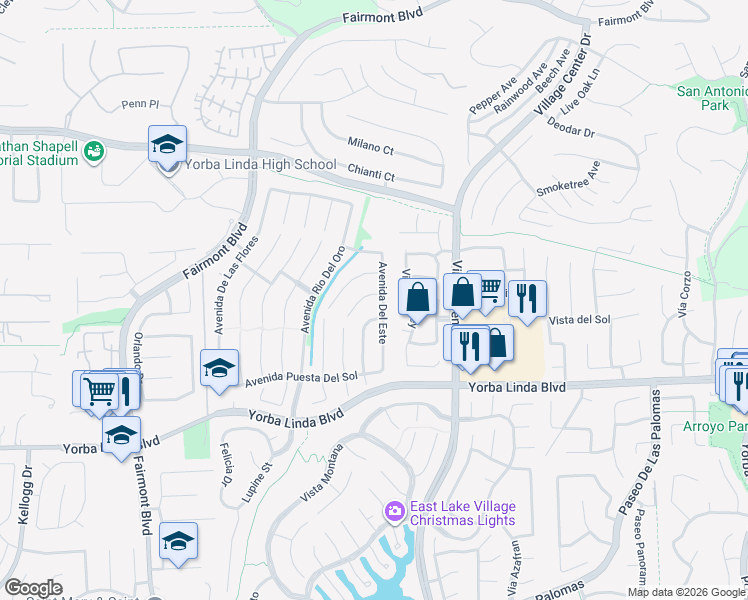 map of restaurants, bars, coffee shops, grocery stores, and more near 4510 Via Bella Vista in Yorba Linda