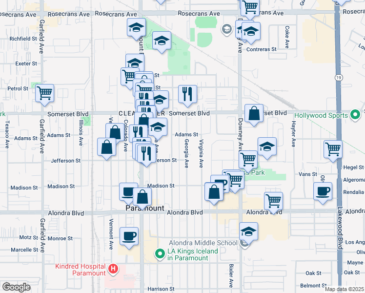 map of restaurants, bars, coffee shops, grocery stores, and more near 15327 Georgia Avenue in Paramount