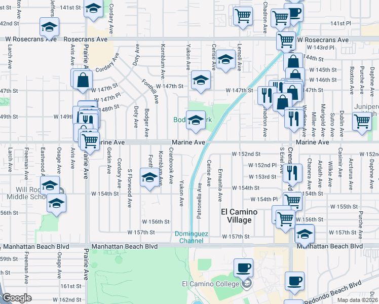 map of restaurants, bars, coffee shops, grocery stores, and more near 3603 West 152nd Street in Lawndale