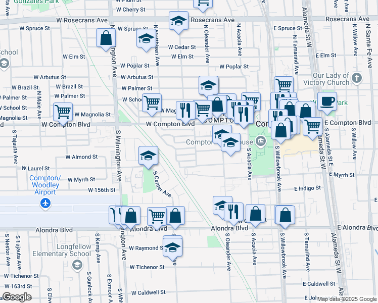 map of restaurants, bars, coffee shops, grocery stores, and more near 510 West Almond Street in Compton