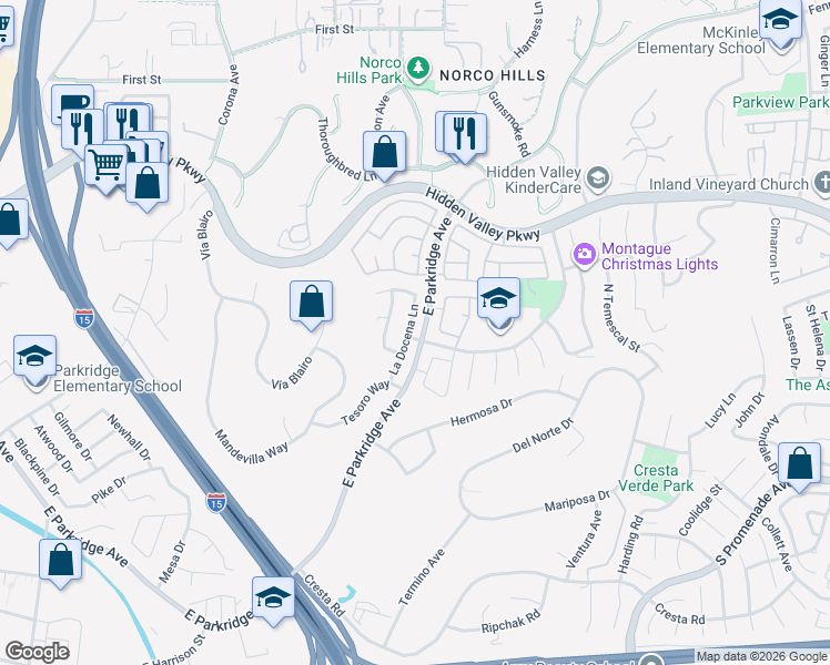 map of restaurants, bars, coffee shops, grocery stores, and more near 840 Oso Drive in Corona
