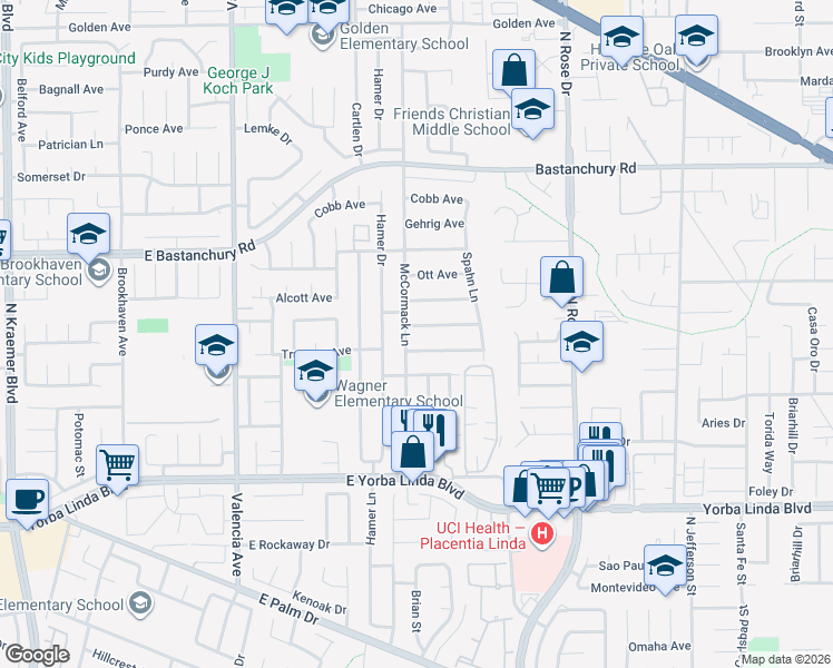 map of restaurants, bars, coffee shops, grocery stores, and more near 914 Appling Avenue in Placentia