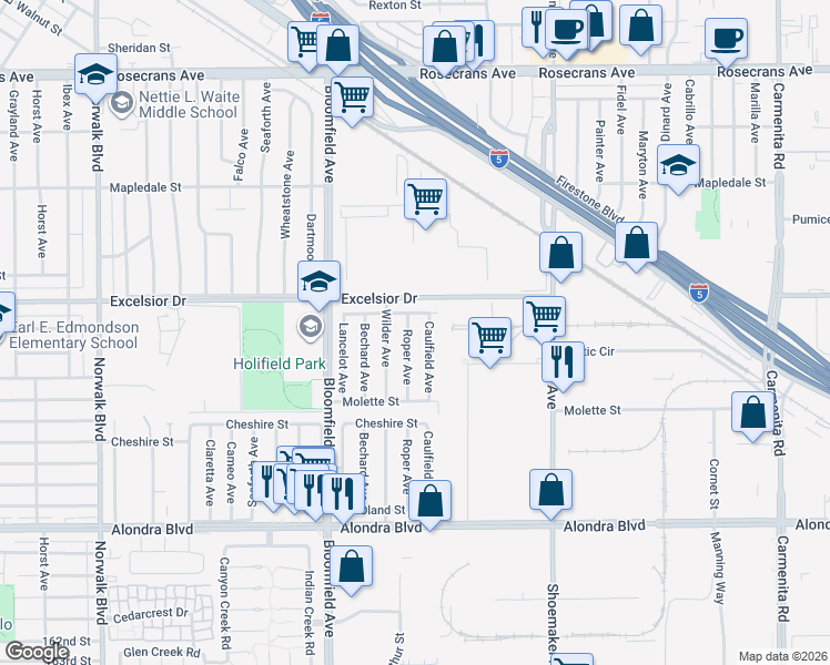 map of restaurants, bars, coffee shops, grocery stores, and more near 15119 Caulfield Avenue in Norwalk