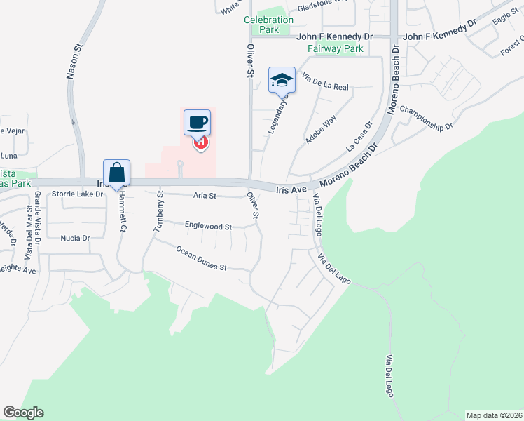 map of restaurants, bars, coffee shops, grocery stores, and more near 15610 Oliver Street in Moreno Valley