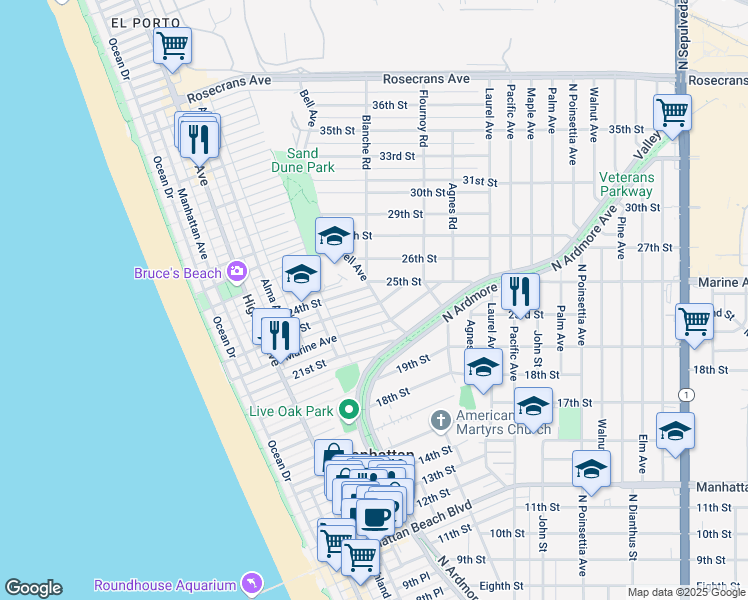 map of restaurants, bars, coffee shops, grocery stores, and more near 534 24th Street in Manhattan Beach