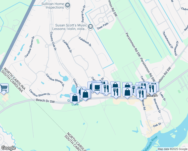 map of restaurants, bars, coffee shops, grocery stores, and more near 31 Calabash Drive in Carolina Shores