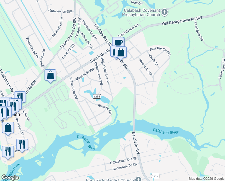 map of restaurants, bars, coffee shops, grocery stores, and more near 1037 High Point Avenue Southwest in Calabash