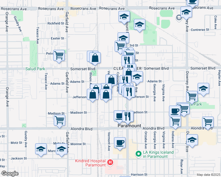 map of restaurants, bars, coffee shops, grocery stores, and more near 15326 Vermont Avenue in Paramount