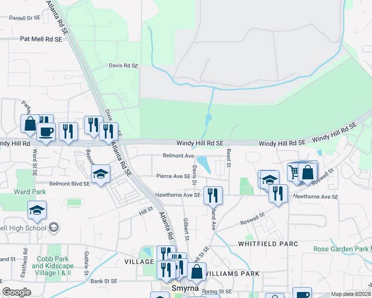 map of restaurants, bars, coffee shops, grocery stores, and more near 1347 Belmont Avenue in Smyrna