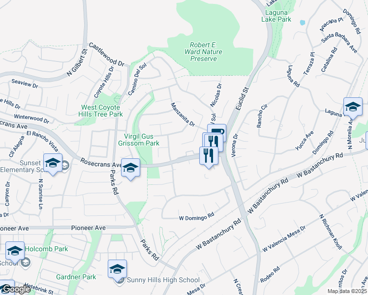 map of restaurants, bars, coffee shops, grocery stores, and more near 2114 Avenida Soledad in Fullerton