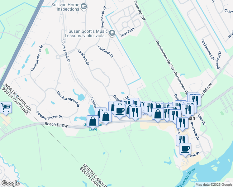 map of restaurants, bars, coffee shops, grocery stores, and more near 31 Calabash Drive in Carolina Shores