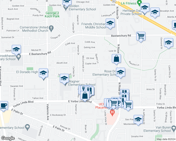 map of restaurants, bars, coffee shops, grocery stores, and more near 914 Appling Avenue in Placentia