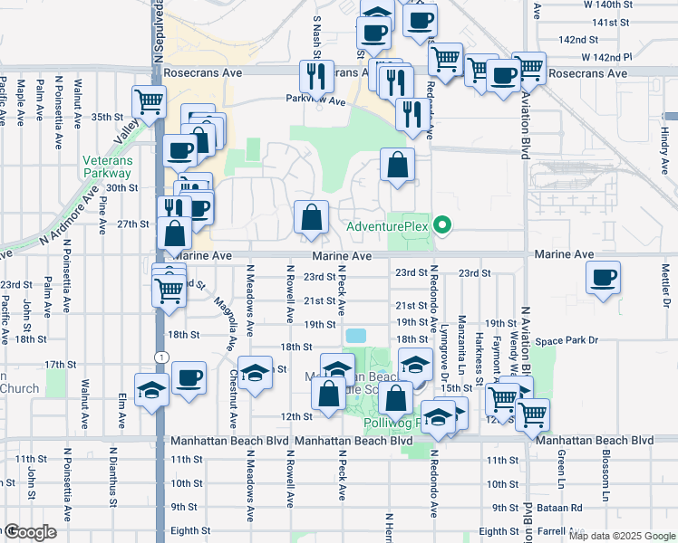 map of restaurants, bars, coffee shops, grocery stores, and more near 1467 23rd Street in Manhattan Beach