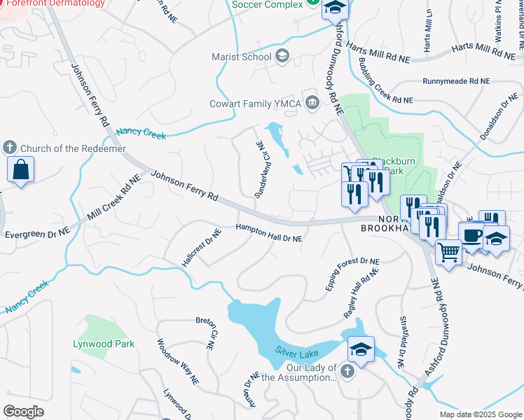 map of restaurants, bars, coffee shops, grocery stores, and more near 3519 Sunderland Way Northeast in Atlanta