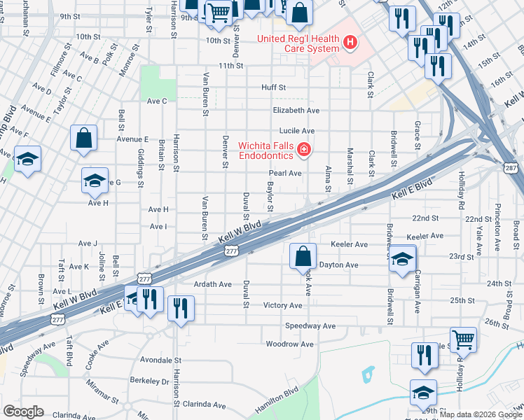 map of restaurants, bars, coffee shops, grocery stores, and more near 1804 Wilson Avenue in Wichita Falls