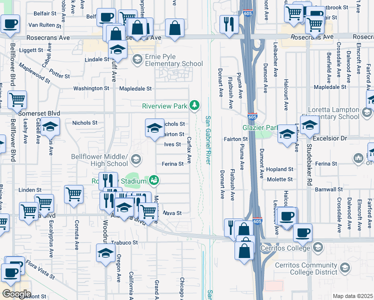 map of restaurants, bars, coffee shops, grocery stores, and more near 15343 Carfax Avenue in Bellflower