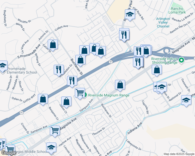 map of restaurants, bars, coffee shops, grocery stores, and more near 3883 Buchanan Street in Riverside