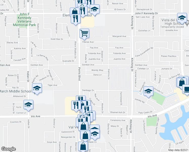 map of restaurants, bars, coffee shops, grocery stores, and more near 25177 Dana Lane in Moreno Valley