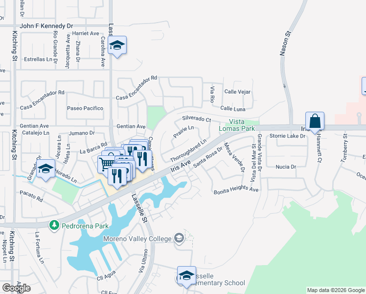 map of restaurants, bars, coffee shops, grocery stores, and more near 26395 Old Anvil Lane in Moreno Valley