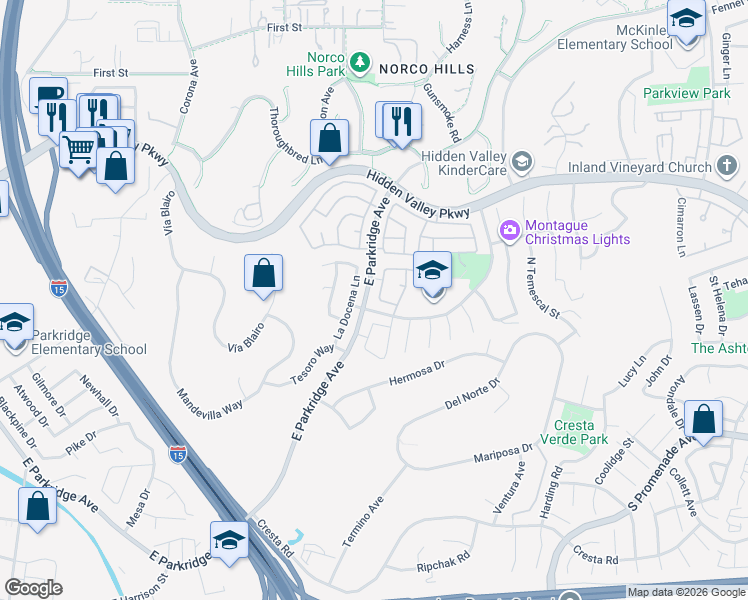 map of restaurants, bars, coffee shops, grocery stores, and more near 840 Oso Drive in Corona