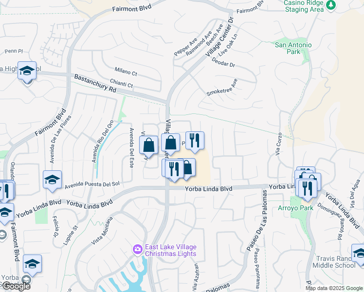 map of restaurants, bars, coffee shops, grocery stores, and more near 21470 Vía Pepita in Yorba Linda