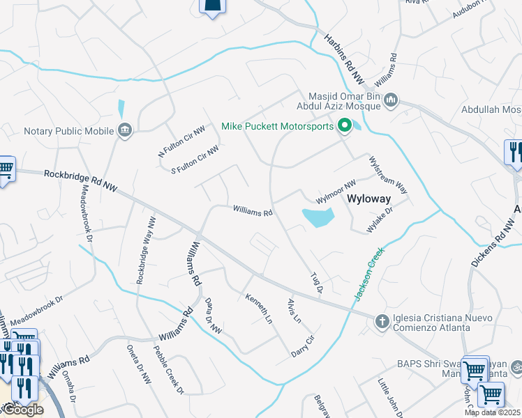 map of restaurants, bars, coffee shops, grocery stores, and more near 5731 Williams Road in Norcross