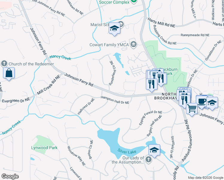 map of restaurants, bars, coffee shops, grocery stores, and more near 3519 Sunderland Way Northeast in Atlanta