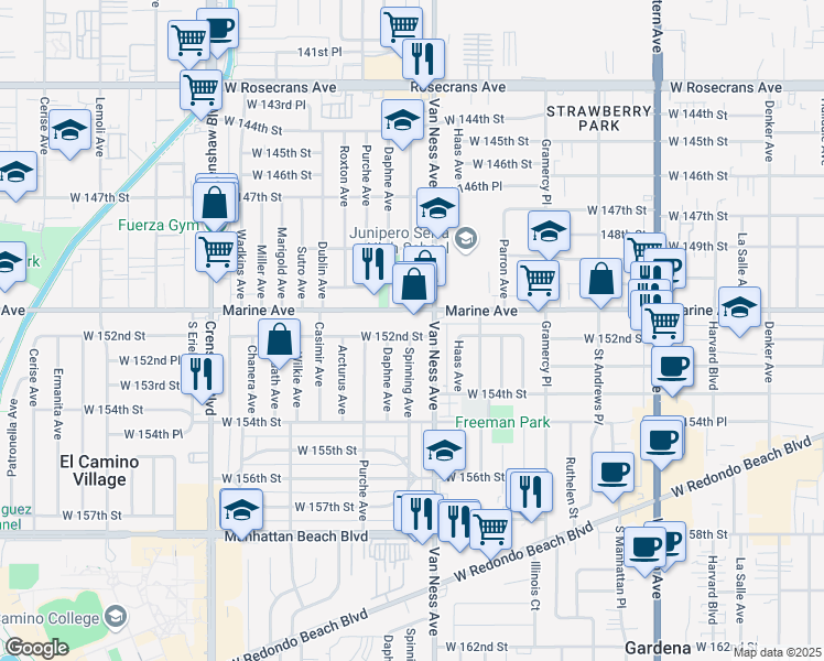 map of restaurants, bars, coffee shops, grocery stores, and more near 2223 West 152nd Street in Gardena