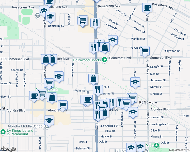 map of restaurants, bars, coffee shops, grocery stores, and more near 15317 Lakewood Boulevard in Paramount